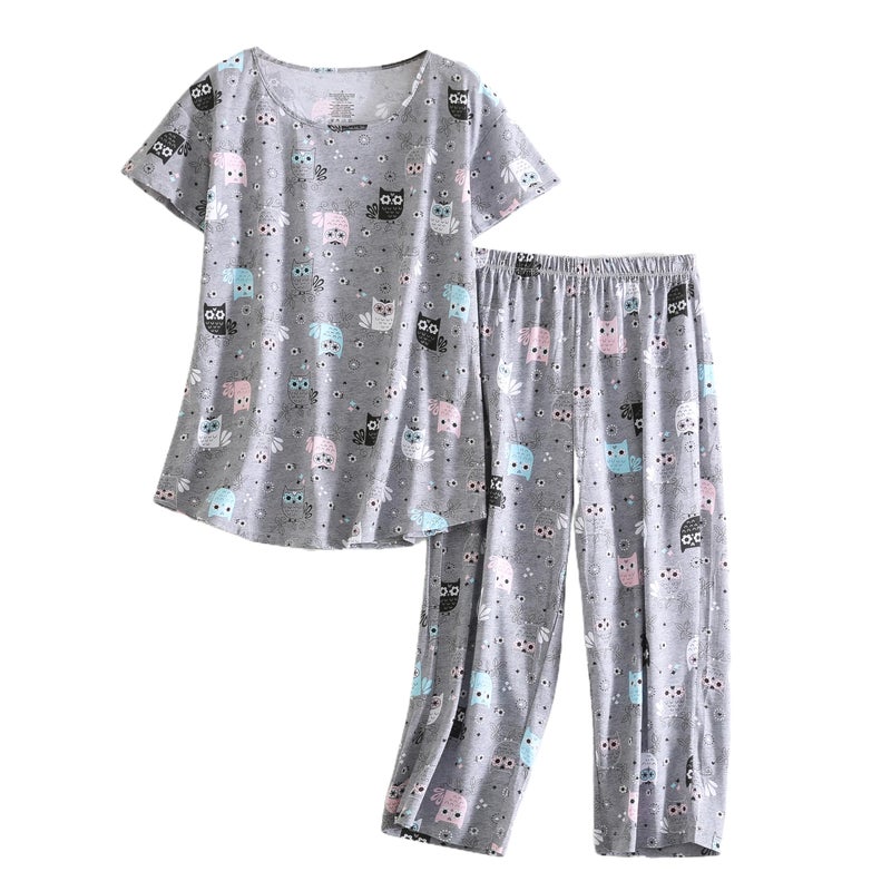 PNAEONG Women Pajama Set Sleepwear Tops with Capri Pants Casual and Fun Prints Pajama Sets SY215-Gray Owl-M - Image 1